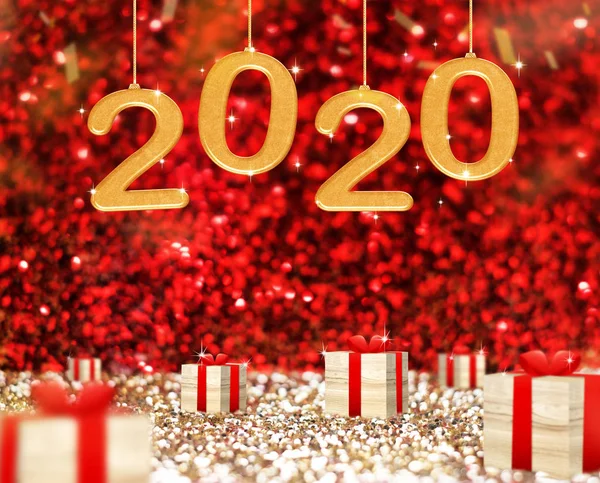 Feliz Año Nuevo 2020 tarjeta de felicitación y caja de regalo de madera en rojo sp — Foto de Stock
