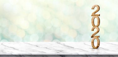 Yeni yıl 2020 ahşap numarası (3d render) bulanıklık mermer masada