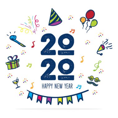 Mutlu yeni yıl 2020 logosu parti simgesi doodle el çizim col ile