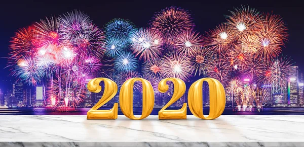 Gelukkig Nieuwjaar 2020 (3D rendering) vuurwerk over Cityscape bij n — Stockfoto