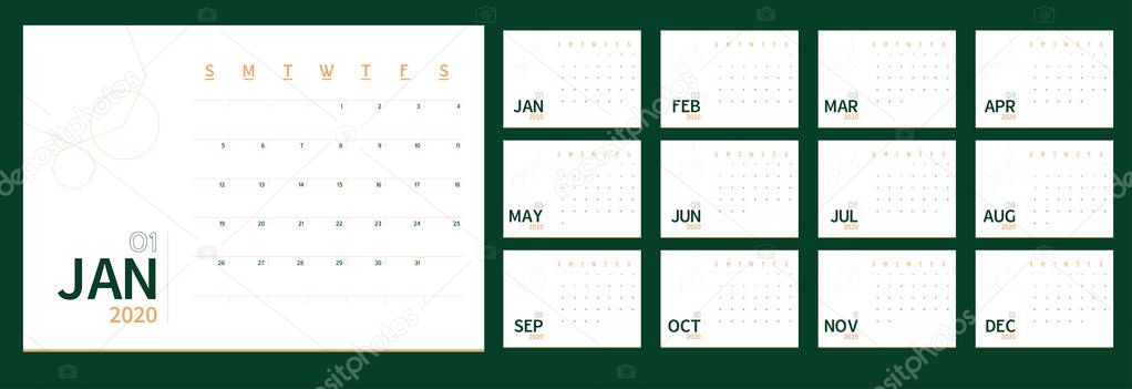 Vector 2020 new year calendar planner template in minimal table 