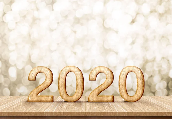Felice anno nuovo 2020 (rendering 3d) su tavola di assi di legno in oro s — Foto Stock