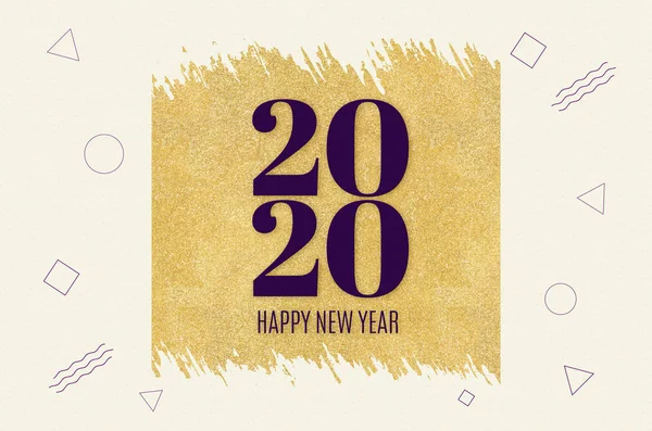 Frohes neues Jahr 2020 Wort auf Goldkreis-Glitzern auf Creme moderne geometrische FormmusterHintergrund, minimale Urlaubs-Grußkarte. — Stockfoto