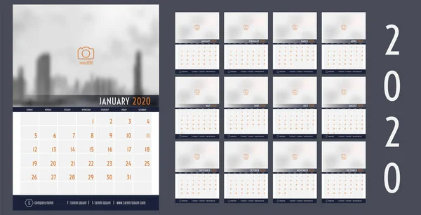 Vektor 2020 Nový rok kalendář plánovač šablony tabulky jednoduchý styl — Stockový vektor