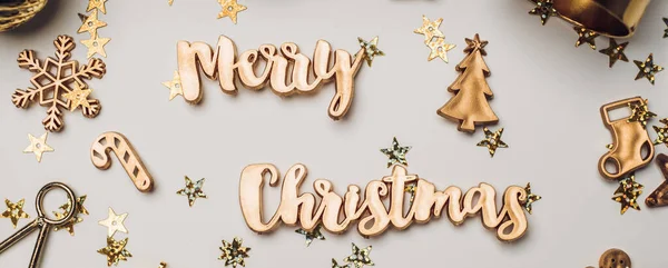 Merry Christmas Gold Shiny Text Luxury Xmas Decoration Items White — Stock Photo, Image