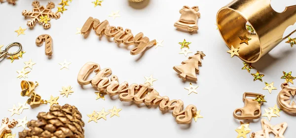 Merry Christmas Gold Shiny Text Luxury Xmas Decoration Items White — Stock Photo, Image