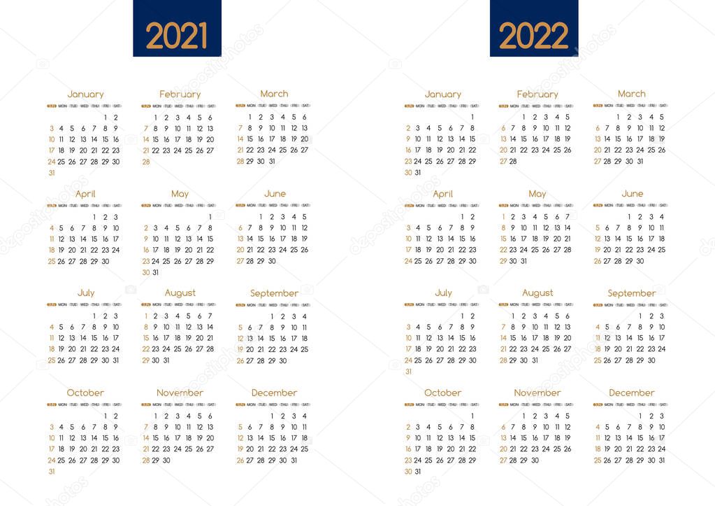 Calendar New year 2021 and 2022 vector planner template with modern simple navy blue and gold clean design.Holiday event adenda, Week Starts Sunday.12 month layout annual calender.timetable for diary