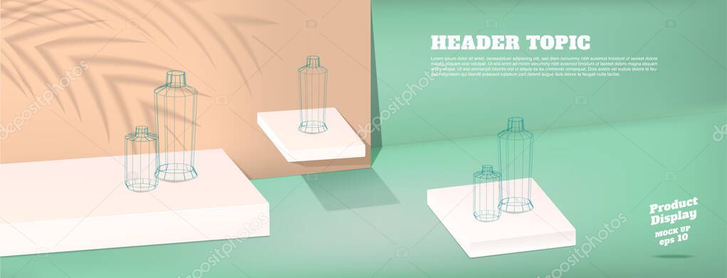 Summer studio table with product display block background.pastel mint green and peach with palm leaf shadow and hard light room for display of product.mockup banner for advertising online