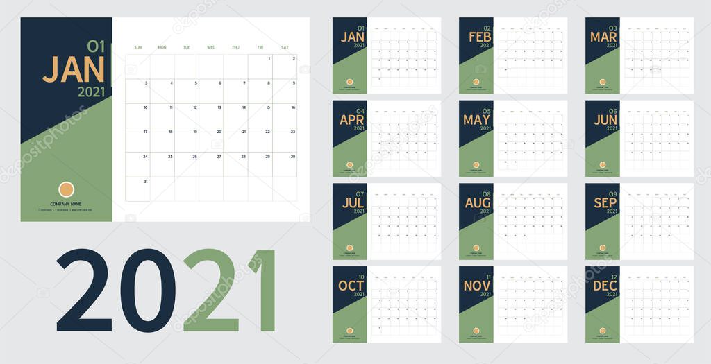 2021 new year calendar and planner vector in clean minimal table simple style and blue,green,,gold color,Holiday event planner,Week Starts Sunday.include holiday event