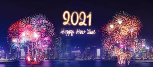 Happy New Year 2021 Firework Cityscape Building Sea Night Time — Stock Photo, Image