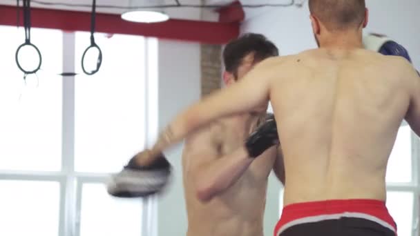 Bel allenamento atletico di kickboxer con il suo allenatore in palestra — Video Stock