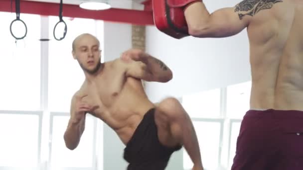 Guapo barbudo muay tailandés entrenamiento de combate con su entrenador en el gimnasio — Vídeos de Stock