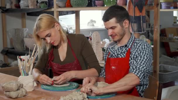 Jóvenes emprendedores trabajando en su tienda de cerámica — Vídeo de stock