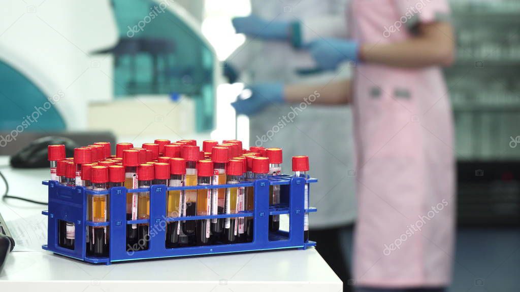 Test tubes with blood samples at the medical laboratory