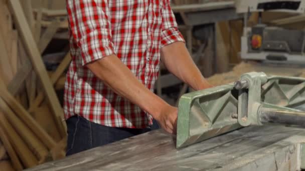 Gelukkig mannelijke timmerman poseren met een stuk hout in zijn atelier — Stockvideo