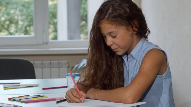 Adorabile ragazza dai capelli lunghi che si diverte a disegnare a scuola, sorridendo alla fotocamera — Video Stock