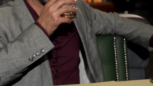 Handsome Mature Man Smiling Camera While Drinking Whiskey Sliding Shot — Stock Video