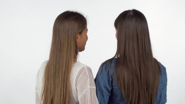 Bakifrån skott av två kvinnliga vänner leende till kameran över sina axlar — Stockvideo