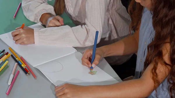 Duas aluninhas colorindo juntas durante a aula de arte — Fotografia de Stock