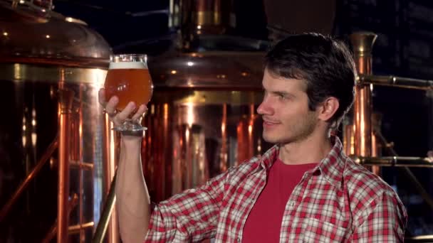 Allegro birraio maschio sorridente alla macchina fotografica, esaminando la birra in un bicchiere — Video Stock