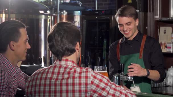 Bonito barman trabalhando, servindo deliciosa cerveja para seu cliente — Vídeo de Stock