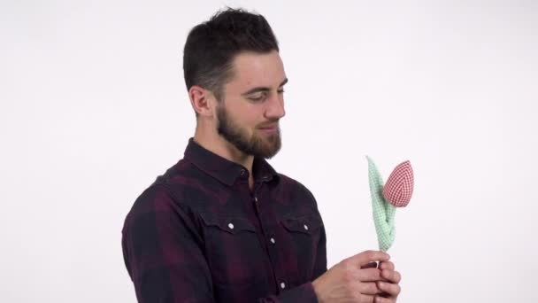 英俊的胡须浪漫的男人拿出玩具花对着照相机 — 图库视频影像