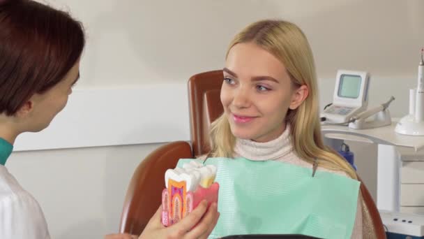 Una joven encantadora hablando con el dentista de la clínica — Vídeo de stock