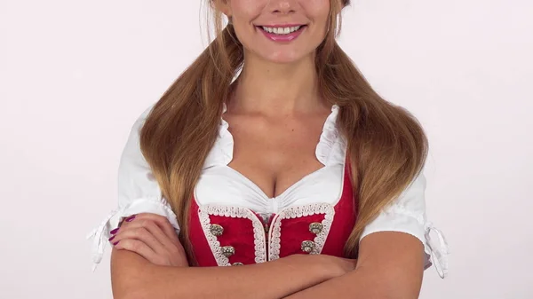 Sexy big breasted Oktoberfest mulher no vestido dirndl sorrindo feliz — Fotografia de Stock