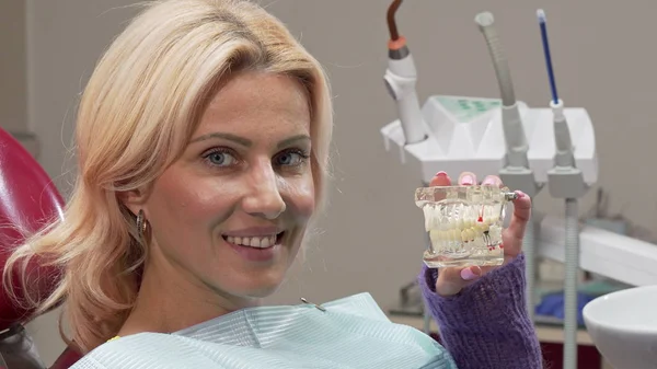 成熟的女人微笑着对着照相机, 拿着牙科模具在诊所 — 图库照片