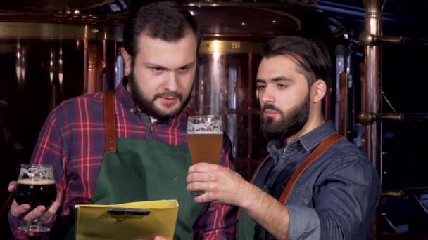 Due birrai maschi esaminando deliziosa birra artigianale che producono insieme — Video Stock