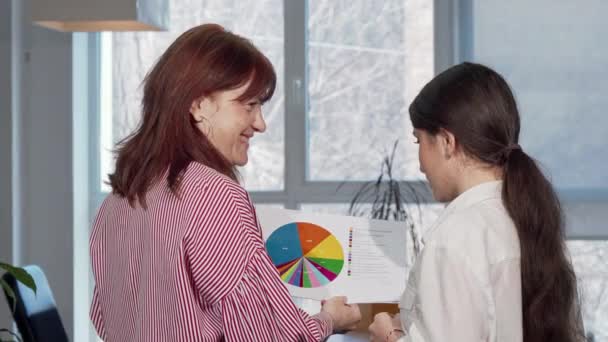 Businesswomen smiling to the camera while working with documents — Stock Video