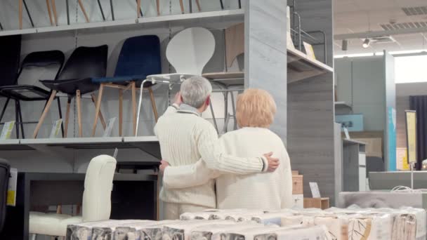 Vista trasera de una encantadora pareja de ancianos eligiendo muebles juntos en la tienda — Vídeos de Stock