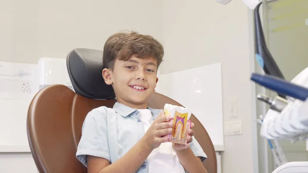 Niedlicher kleiner Junge lächelt in die Kamera und hält ein Zahnmodell in der Hand — Stockfoto