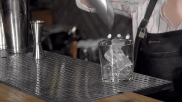 Barkeeperin bereitet Cocktail auf Whiskeybasis zu — Stockvideo