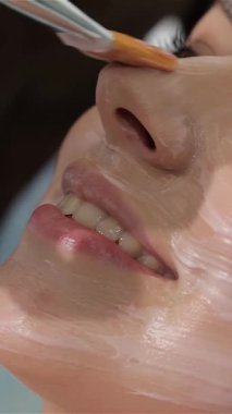 Yetenekli bir kadın kozmetikçi, gülümseyen beyaz müşterisi için canlandırıcı bir yüz maskesi takar ve parlak cildini ön plana çıkarır. Yakın çekim, hafif fırça darbelerini ve müşterilerin mutlu ifadelerini gözler önüne seriyor.