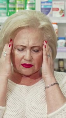 Endişeli, kırmızı ruj ve manikürlü tırnakları olan son sınıf öğrencisi bir kadın renkli ilaç raflarıyla çevrili enerjik bir eczanede şakaklarını sıkıca tutuyor. Endişeli ifadesi, migreni için bir çare bulma aciliyetini iletiyor.