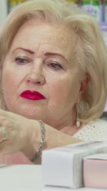 Zarif kırmızı dudakları ve zarif küpeleri olan şık bir son sınıf öğrencisi güzel bir rafta rengarenk kozmetik ürünleri inceleyerek güzelliğe olan tutkusunu somutlaştırıyor. Etrafındaki ambalajın canlı renkleri büyüleyici bir atmosfer yaratıyor.