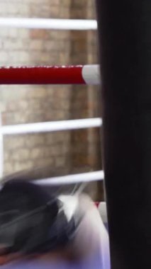 Kararlı genç bir erkek boksör, üstsüz ve dövmelerle süslenmiş, sert bir spor salonunda ağır bir torbaya güçlü yumruklar savuruyor. Ham enerji ve odak ondan yayılıyor, atletik hünerini ve acımasız ruhunu sergiliyor.