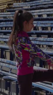 Kararlı genç bir kız dinamik bir bacak esneme hareketine girer, ayağını renkli bir spor kıyafetiyle kaldırır, boş stadyum tribünlerinin arka planına kurulur. Bu canlı sahne enerji ve odaklanma yayıyor. Kendini spora adamış.