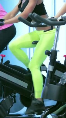 A dynamic fitness class unfolds as athletic women pedal vigorously on stationary bikes, showcasing their strength and determination. Dressed in colorful workout attire, their focused expressions and synchronized movements create an electrifying