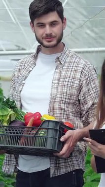 Kendini işine adamış genç bir çiftçi, canlı ve taze sebzelerle dolu bir sepeti gururla tutarken, neşeli bir tarım uzmanı da serada pozitiflik saçarak yakınlarda duruyor. Bu dinamik sahne takım çalışmasının ruhunu güzel bir şekilde gösteriyor.