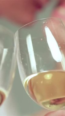 A delightful couple, glowing with affection, clinks their sparkling champagne glasses in a warm, beautifully adorned Christmas atmosphere. Surrounded by shimmering lights and vibrant decorations, their radiant smiles embody the spirit of holiday joy