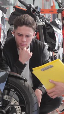 In a vibrant motorbike showroom, a young man in a stylish black jacket thoughtfully examines a sleek black sport motorbike while a consultant in a checkered shirt passionately explains its impressive features. The air is electric with excitement as