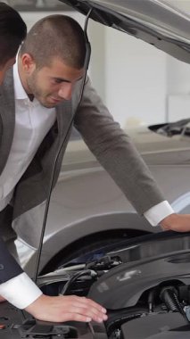 Şık takım elbiseli genç bir adam lüks bir aracın ışıldayan motoruna dikkatle yaslanırken, bilgili bir araba satıcısı da uzman rehberliği sağlıyor. Son model bir araba galerisindeki bu canlı sahne son teknolojiyi keşfetmenin heyecanını yakalıyor.