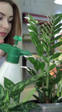 A close-up of a beautiful Caucasian woman tenderly spraying water on lush houseplants, radiating her passion for floristry. With a gentle touch, she nourishes the greenery, creating a serene oasis filled with life and vivid colors