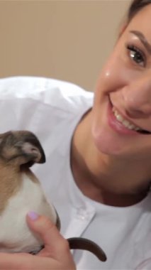 A dedicated female veterinarian tenderly turns a dogs head for a closer examination, radiating warmth and care. This intimate close-up beautifully captures the bond between the charming Caucasian woman in her crisp white coat and the attentive dog