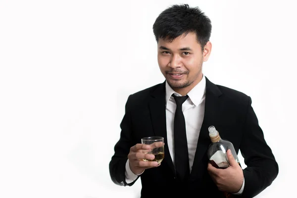 Berusad Affärsman Holding Whiskey Flaska Med Alkoholism Problem Moderna Person — Stockfoto