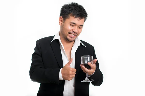 Stilig Ung Man Kostym Provsmakning Med Glas Alkohol Isolerad Vit — Stockfoto