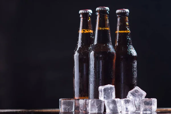 Botellas de vidrio de cerveza con vidrio y hielo sobre fondo oscuro —  Fotos de Stock