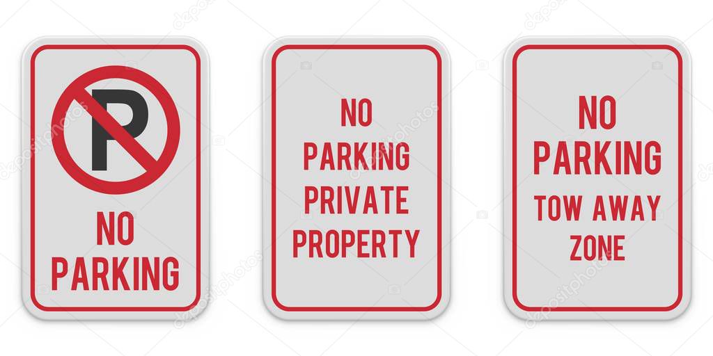 Set of white vertical parking attention signs.